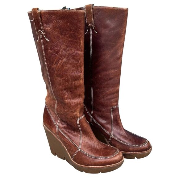 Y2K Michael Kors Brown Leather Knee High Wedge Pull On Boots 8.5 M Distressed - Picture 1 of 12